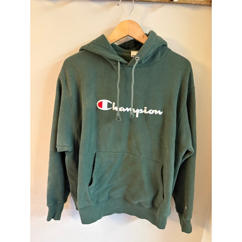 Champion Reverse Weave Hoodie Mens XL Green Script Logo Sweatshirt